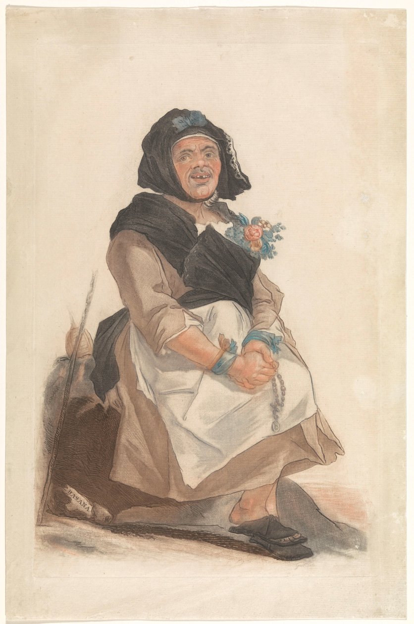Als vrouwen verkleiden mann met rozenkrans, zitten Asana (tittel på objekt) Står mot portretter av mennesker som tjener til å underholde det florentinske publikum (serietittel) av Carlo Lasinio