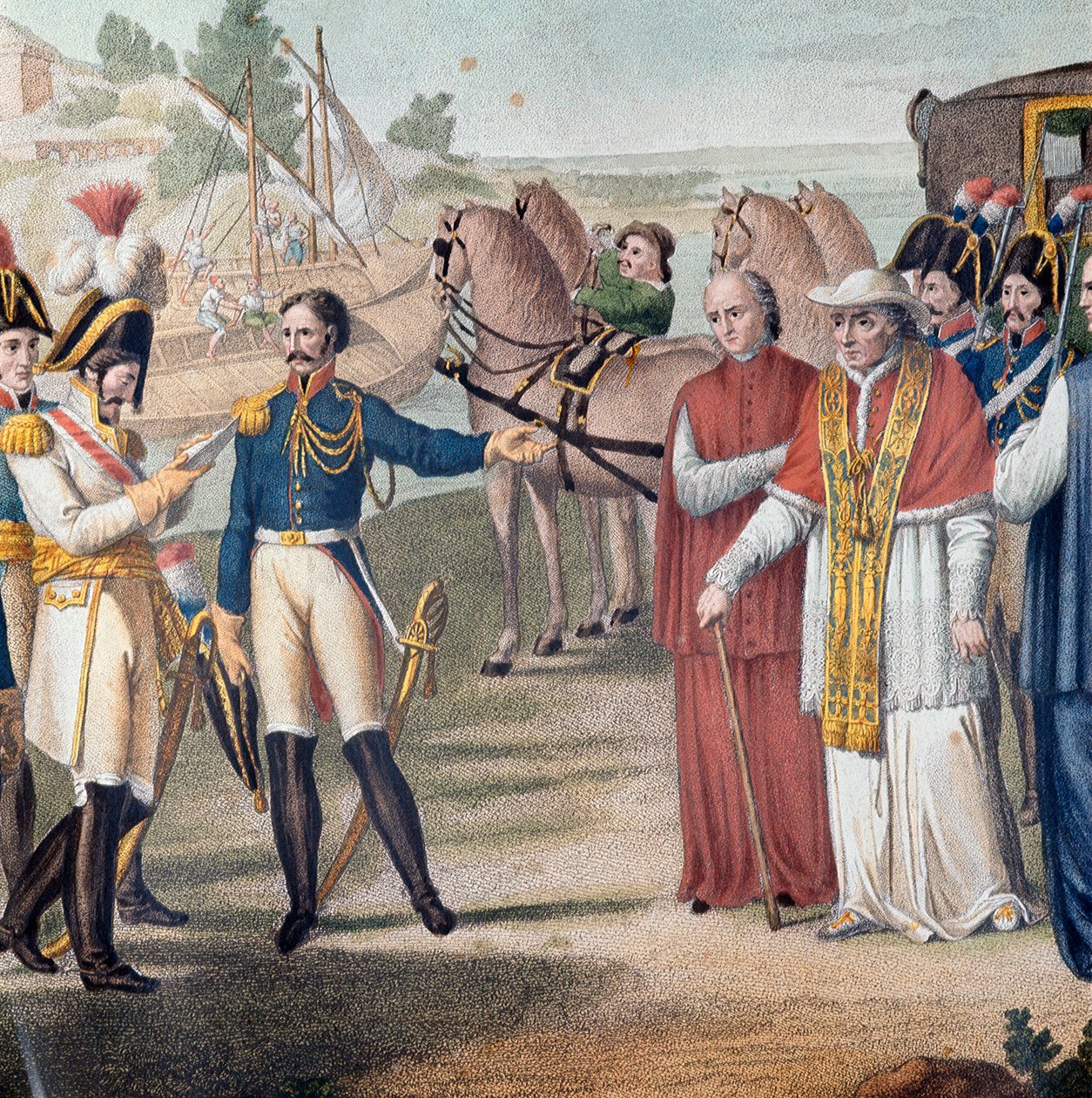 Pave Pius VII (Pio) (1742-1823) ble arrestert da han kom tilbake til Italia av den østerriksk-neapolitanske hæren nær Parma 25. mars 1814 - Gravering av Carlo Lasinio (1759-1838) - Fargelitografi (Arrestasjonen av pave Pius VII (1742-1823) da han kom tilba av Carlo Lasinio