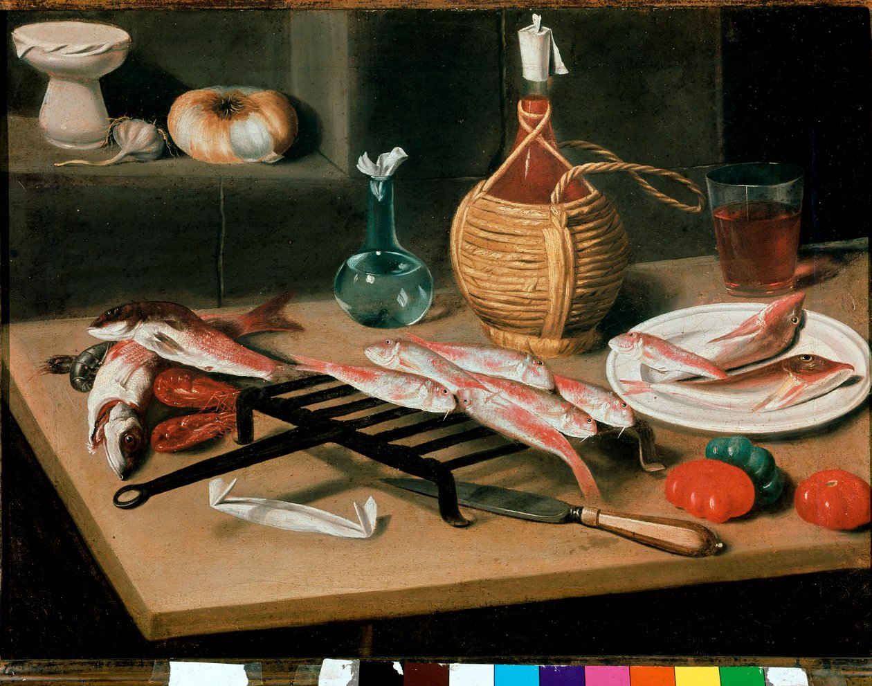 Stillebenbord med grillede fisketallerkener (mullet) og en flaske vin (damigiana). Maleri av Carlo Magini (1720-1806). Faenza, Pinacoteca comunale av Carlo Magini