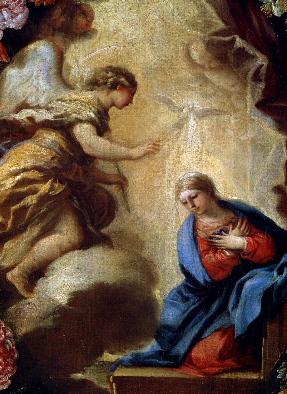 Bebudelsen med blomster detalj, 1600- eller tidlig 1700-tall av Carlo Maratta