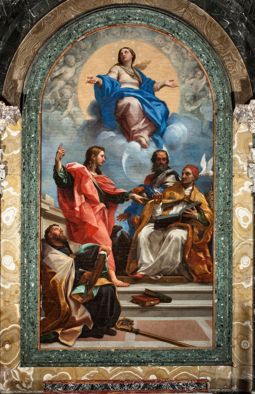 Den ulastelige unnfangelse og den hellige Johannes evangelisten, den hellige Gregoire den store, den hellige Johannes Chrysostom og den hellige Augustin (olje på lerret av Carlo Maratta or Maratti