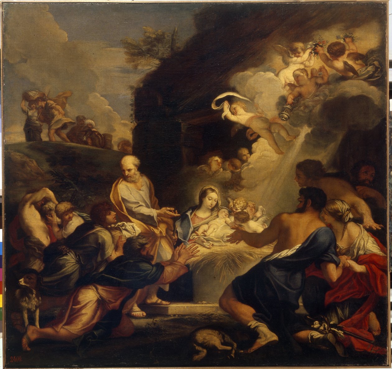 Tilbedelsen av Kristusbarnet. Den hellige familie presenterer det nyfødte for gjeterne, under en sky av lys og engler. Maleri av Carlo Maratta (1625-1713), olje på lerret. Talian kunst (Roma) av Carlo Maratta or Maratti