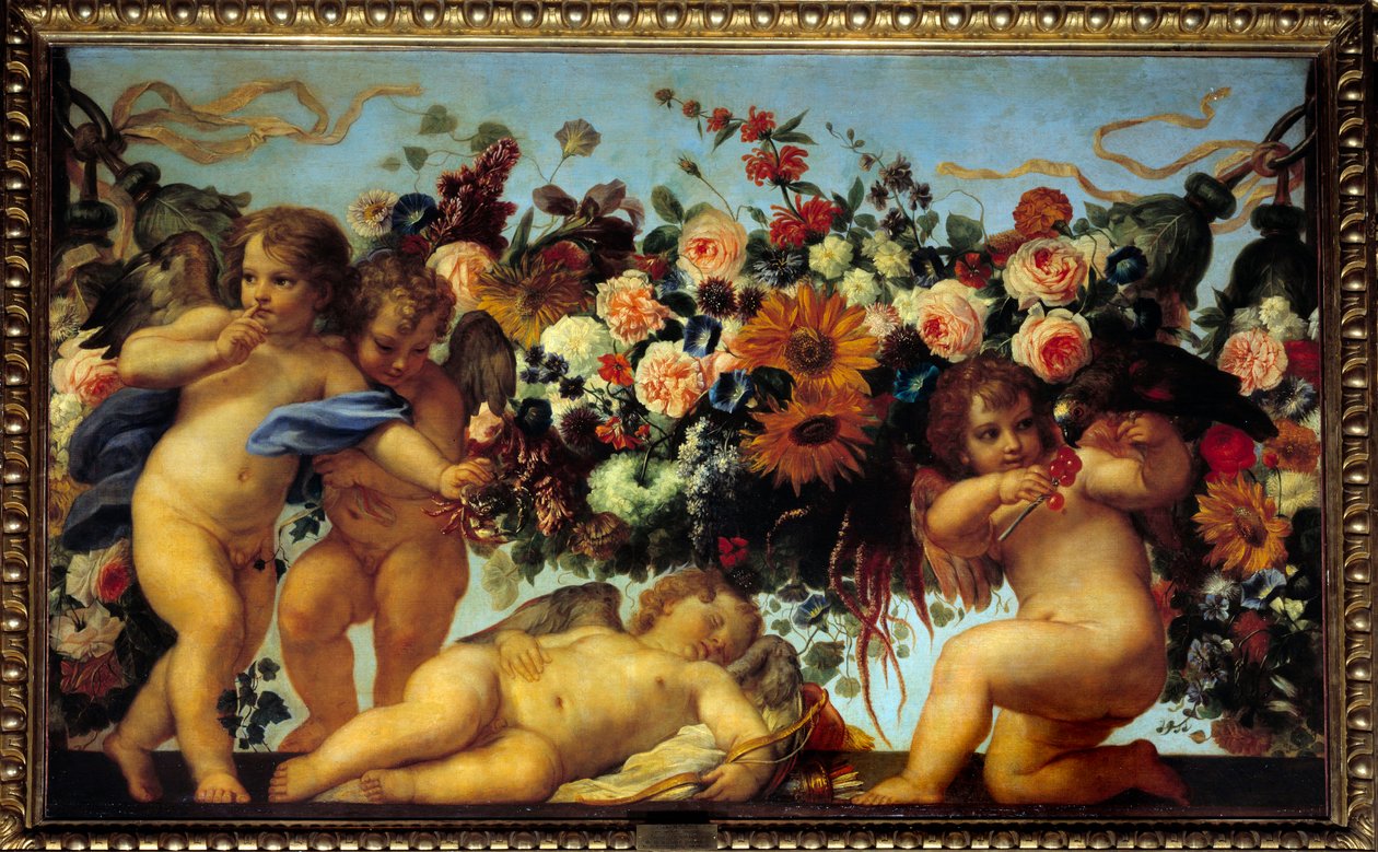 Kjærlighet og kranser av blomster. En engel gir bær til en fugl mens en annen gjør gesten av å være stille for ikke å vekke en tredje sovende engel. Maleri av Carlo Maratta (1625-1713) 1600-tallets søn. 1,06x1,73 m av Carlo Maratta or Maratti