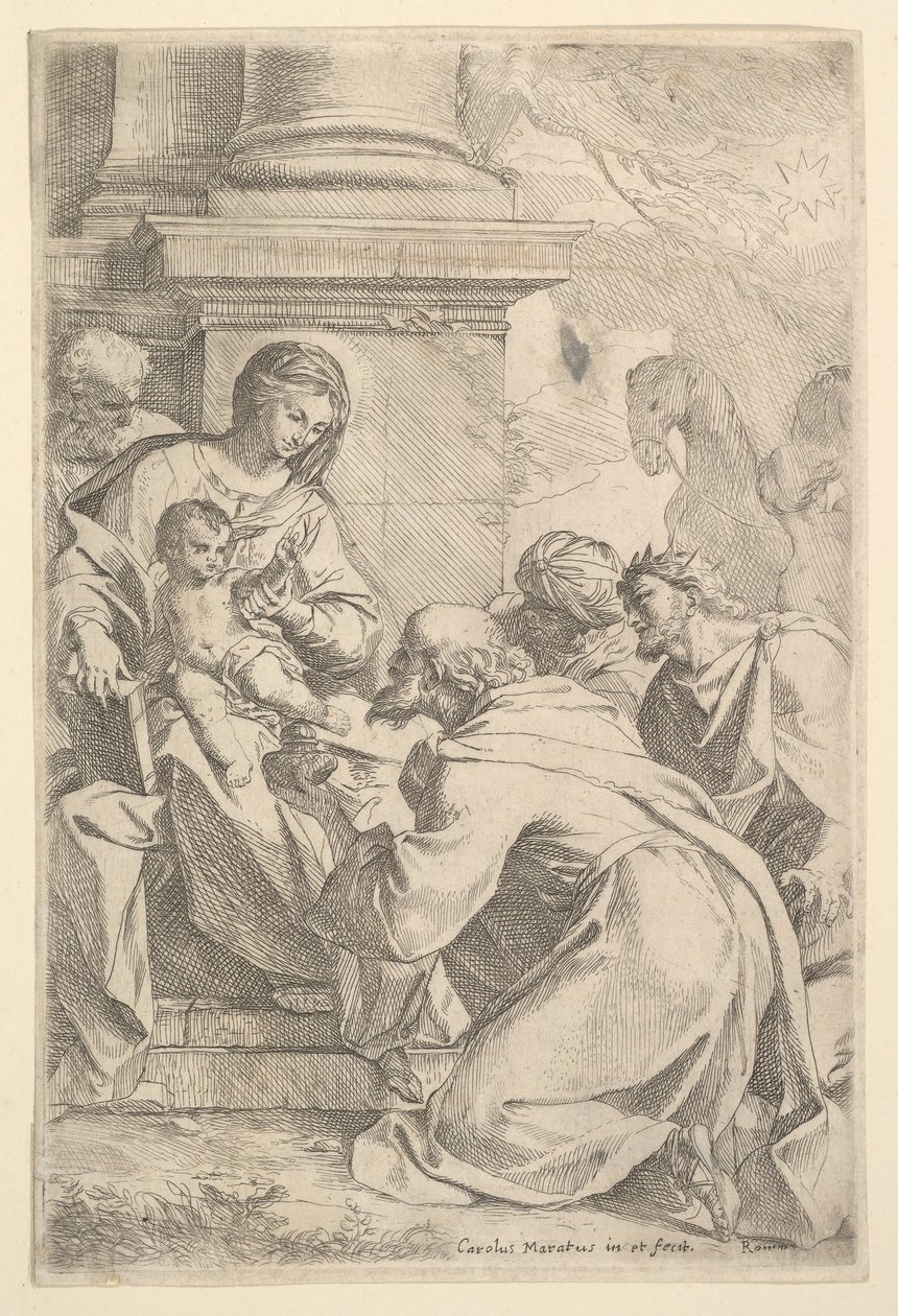 Tilbedelsen av magiene. av Carlo Maratta or Maratti