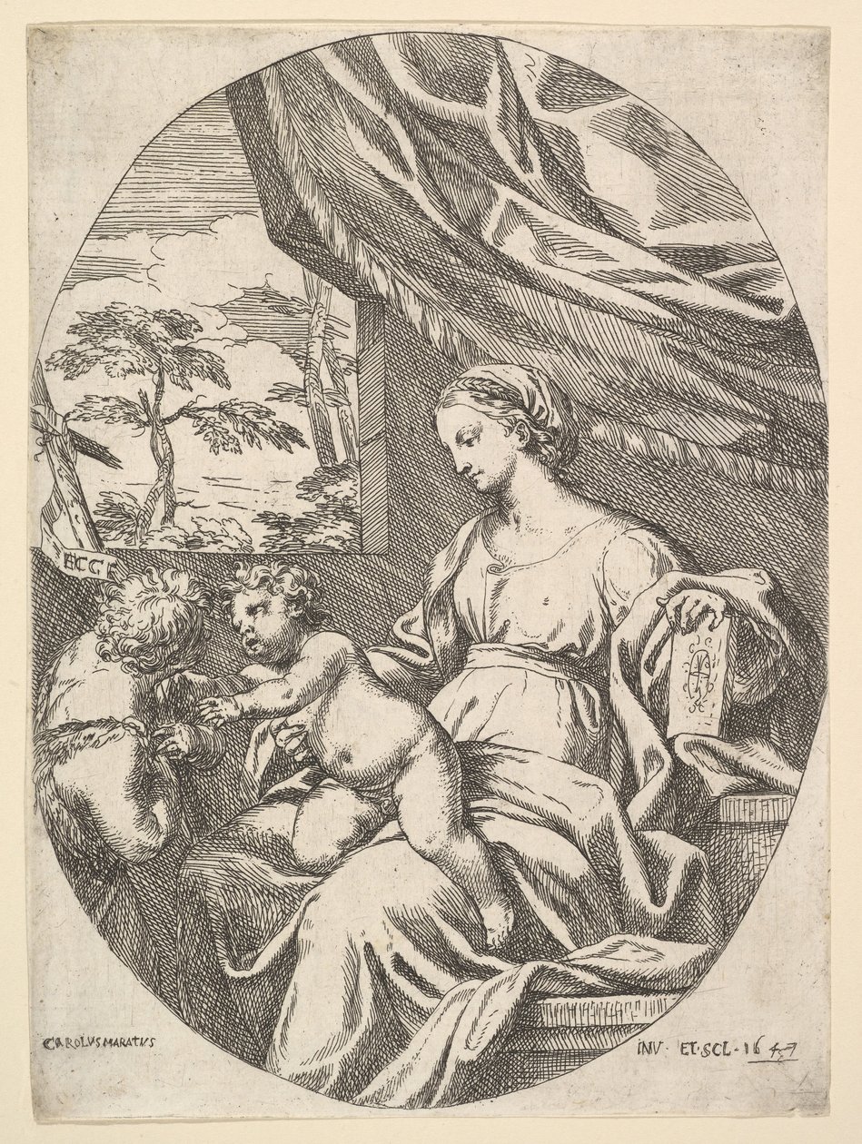 Jomfruen og barnet med den unge døperen Johannes, 1647. av Carlo Maratta or Maratti