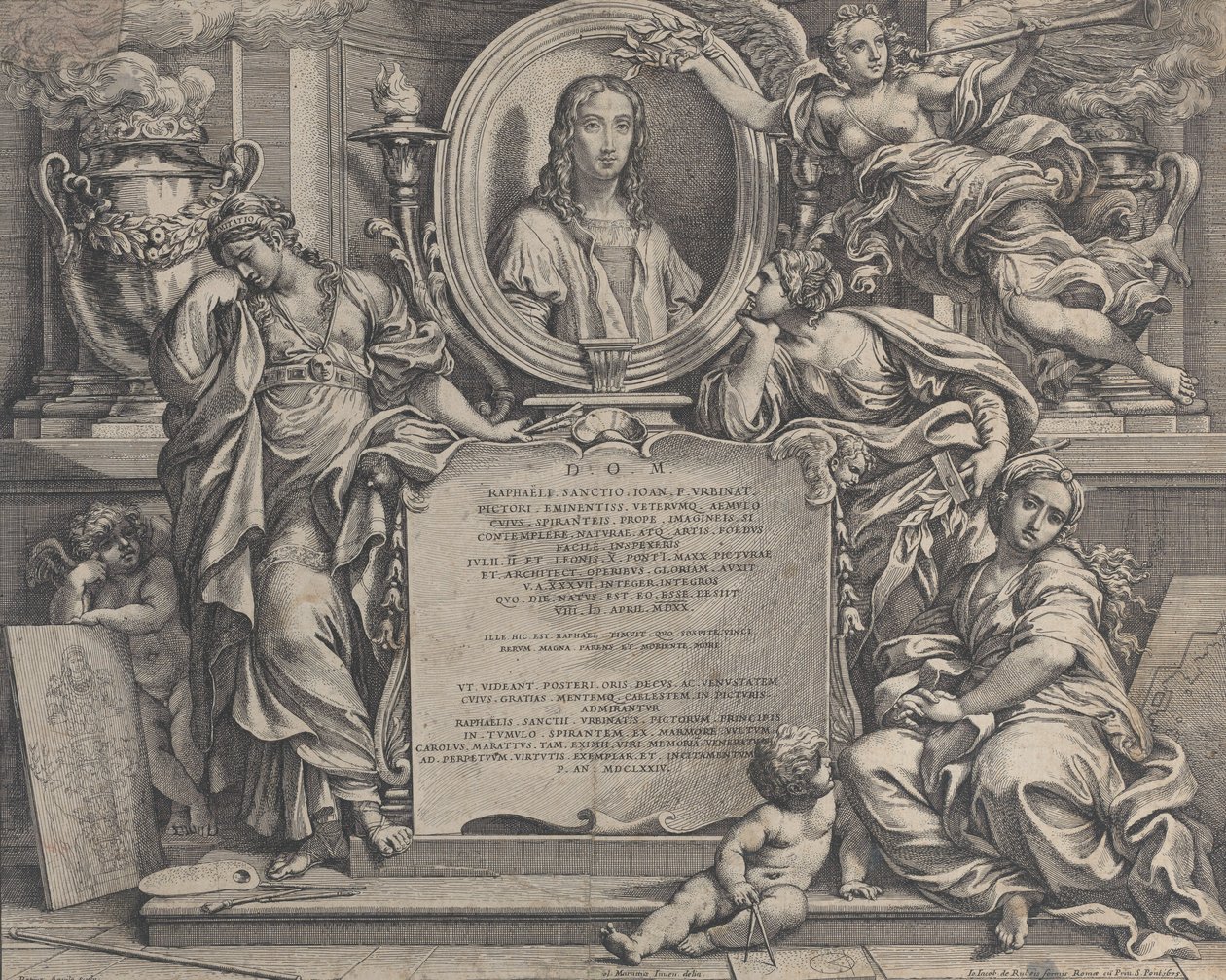 Frontispice med ovalt portrett av Raphael, med tre allegoriske figurer av kunsten sup..., 1675. av Carlo Maratti