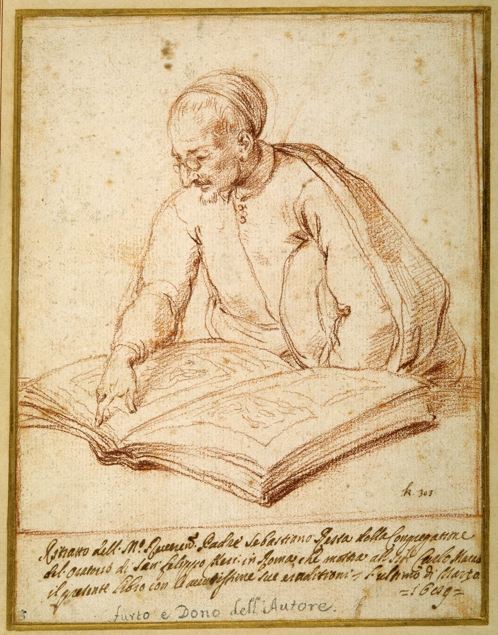Padre Sebastiano Resta undersøker en folio med tegninger (rødt kritt på papir) av Carlo Maratti