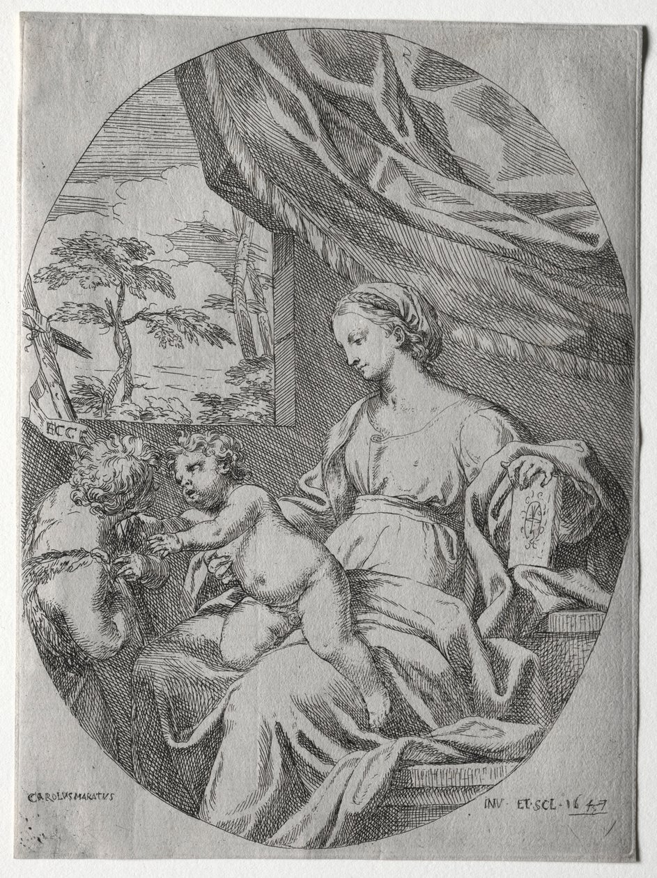 Jomfru og barn med spedbarnet St. John, 1647. av Carlo Maratta or Maratti