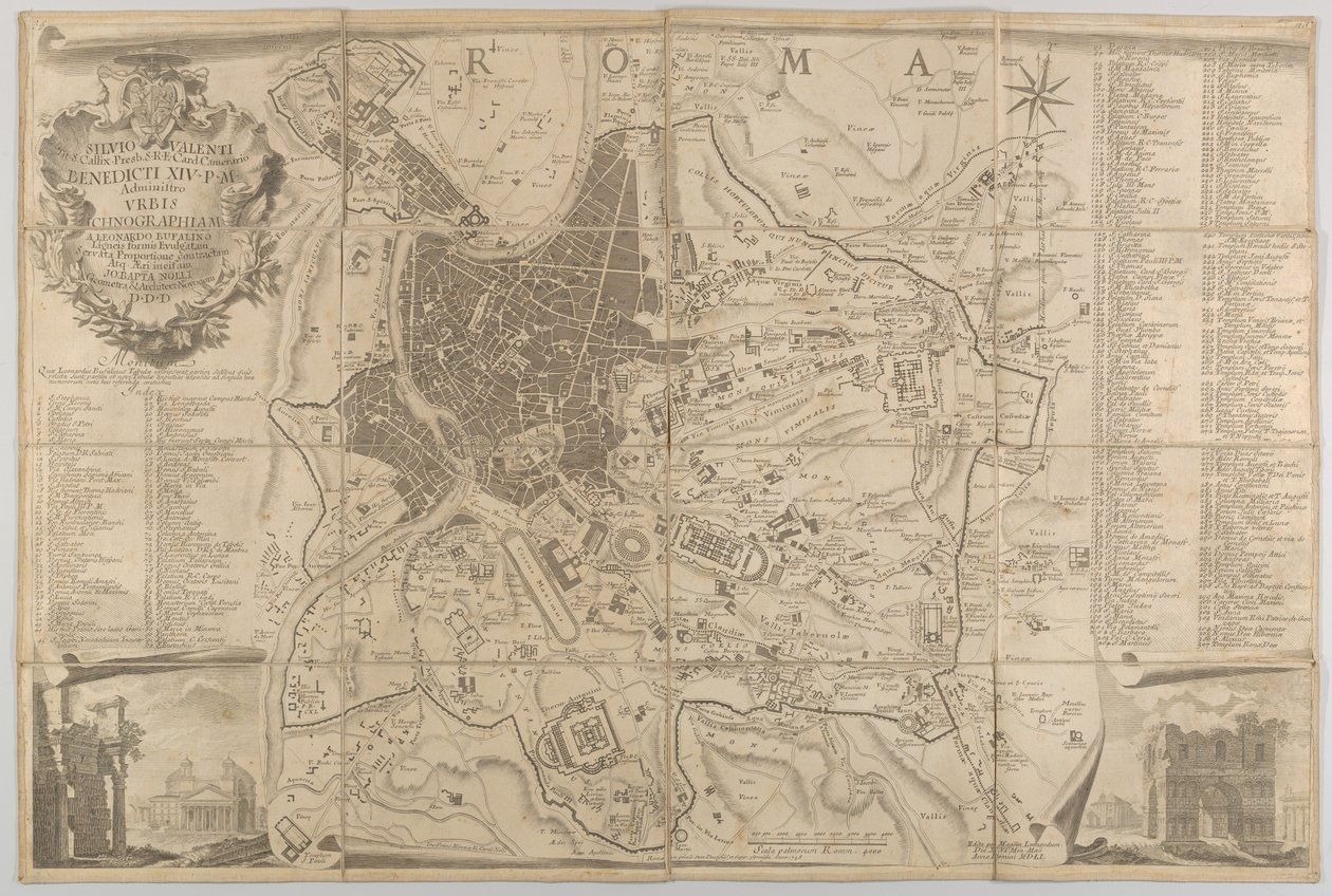 Plan over det gamle Roma med utsikt over Pantheon nede til venstre og en triumfbue nedre rigg..., 1748 av Carlo Nolli