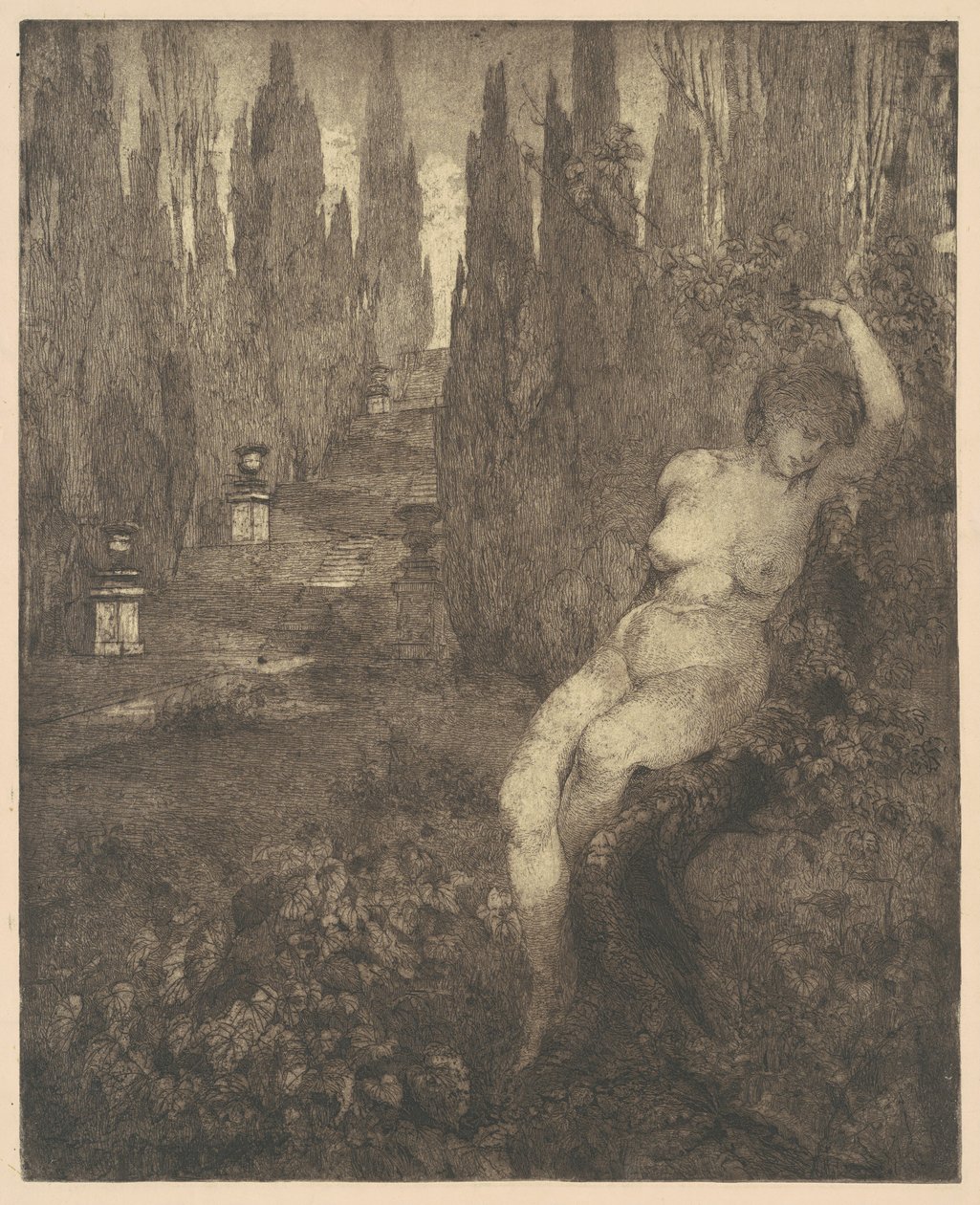 Naken kvinne sover i parken, 1890-tallet. av Carlo Paolo Agazzi