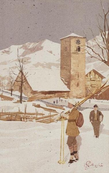 En utsikt over Adelboden, Sveits (farge litho) av Carlo Pellegrini