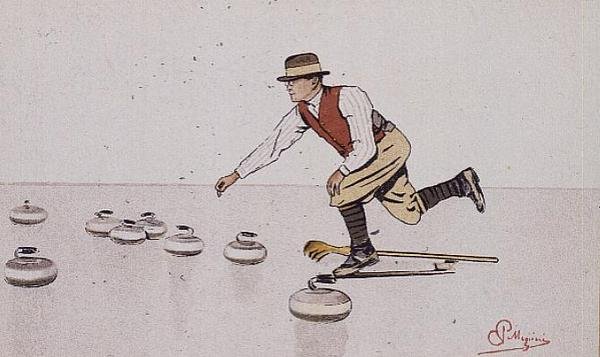 Mann som kaster en stein i et spill med curling (farge litho) av Carlo Pellegrini