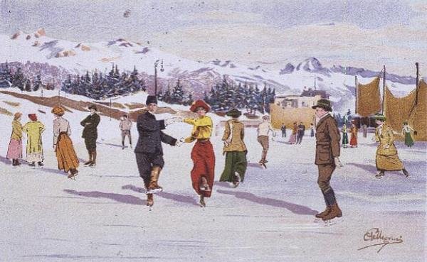Skatere på skøytebanen (farge litho) av Carlo Pellegrini