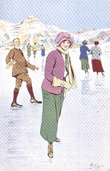 Skatere på skøytebanen i Engelberg, Sveits (farge litho) av Carlo Pellegrini