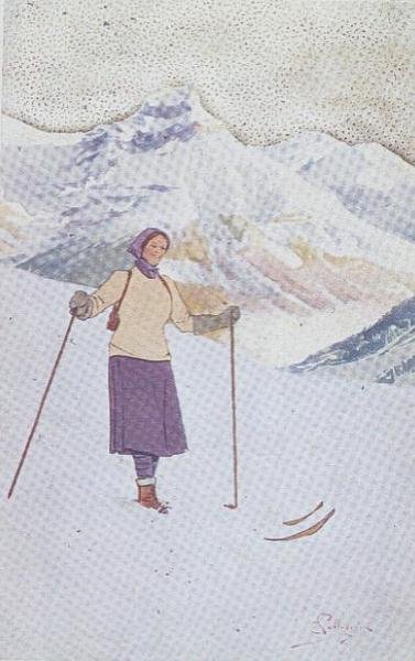 Skiløper i bakkene til Engelberg, Sveits (farge litho) av Carlo Pellegrini