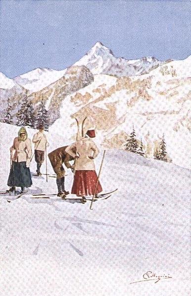Skiløpere pauser i bakkene (farge litho) av Carlo Pellegrini