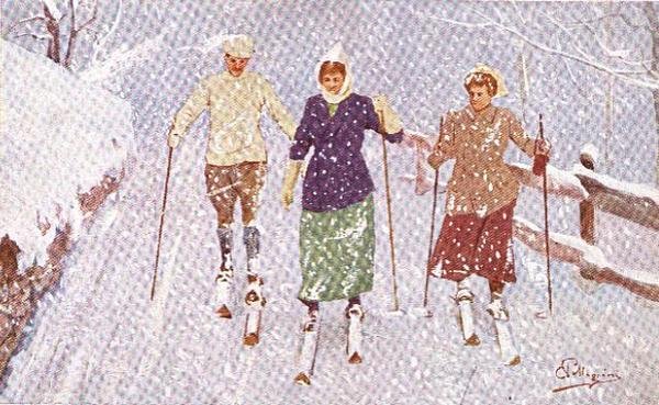 Tre skiløpere i en snøstorm (farge litho) av Carlo Pellegrini