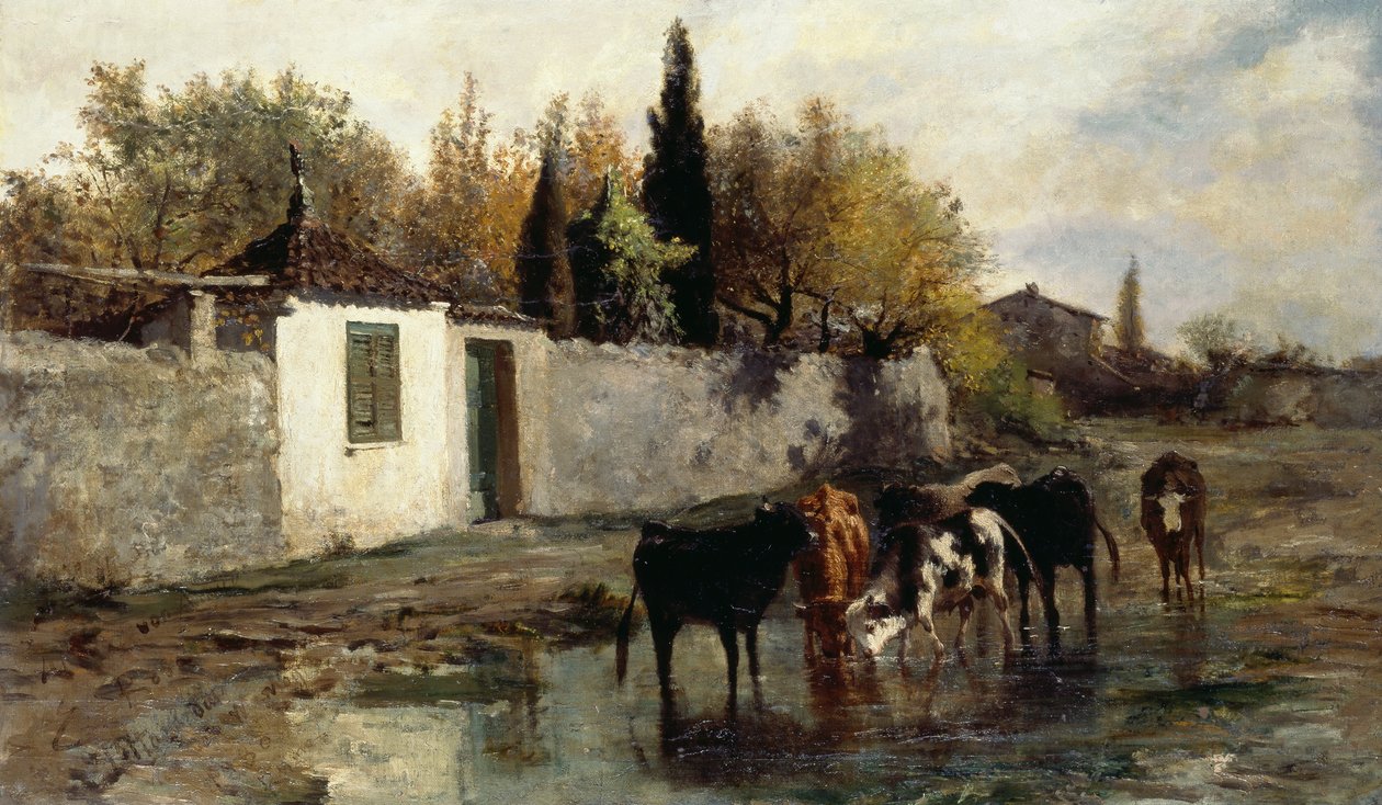 Kyr ved trauet, av Carlo Pittara (1836-1891) av Carlo Pittara