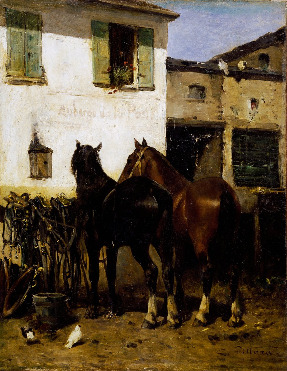 Posthester, maleri av Carlo Pittara (1836-1891), olje på lerret, 41x32 cm, Italia av Carlo Pittara