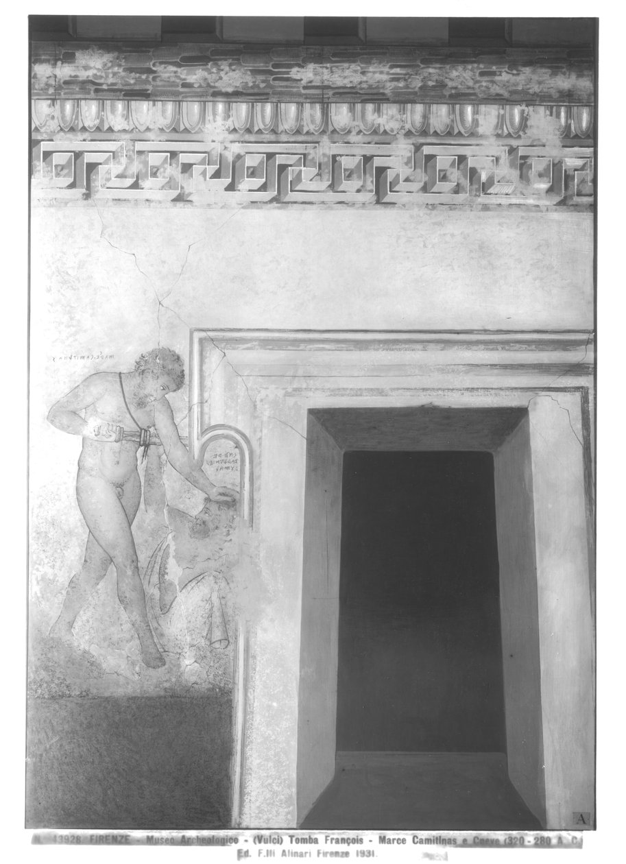 Eteocles and Polynices, rekonstruksjon av det etruskiske veggmaleriet i Francois-graven ved Vulci ca. 320-280 f.Kr. (veggmaleri) (se også 212367, 214590, 214591) av Carlo Ruspi