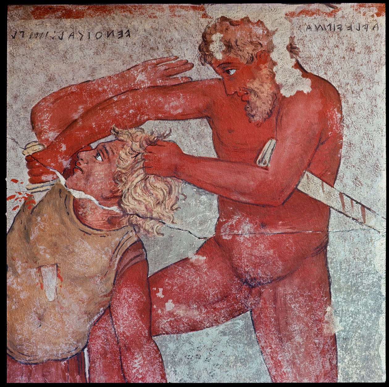 Etruskisk sivilisasjon: "" representasjon av ofringen av trojanske fanger til hyllest til Patroclus""" gjengivelse av Carlo Ruspi (1786-1863) av freskene fra det 4. århundre f.Kr. av Francois-graven til Vulci. Firenze, arkeologisk museum av Carlo Ruspi