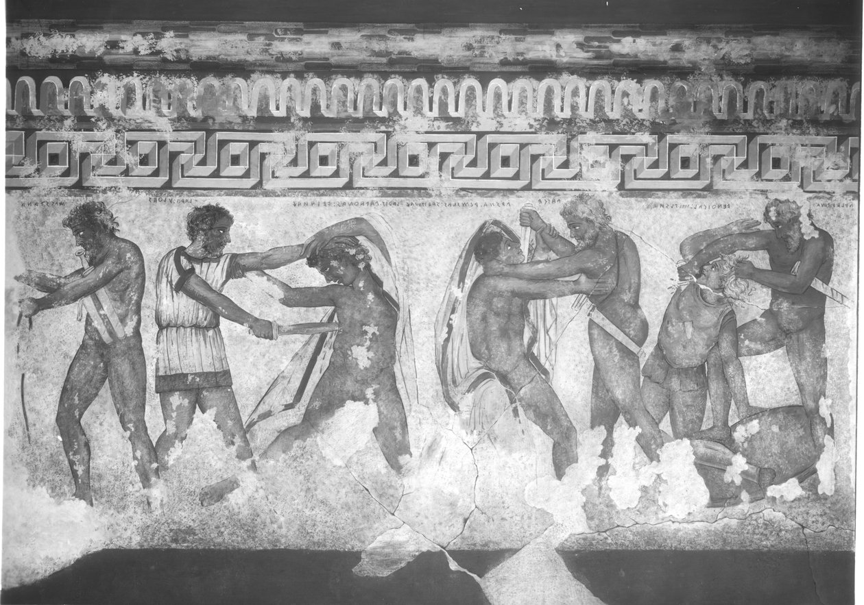 Rekonstruksjon av det etruskiske veggmaleriet i Francois-graven ved Vulci ca. 320-280 f.Kr. (veggmaleri) (se også 212367, 212368 og 214591) av Carlo Ruspi