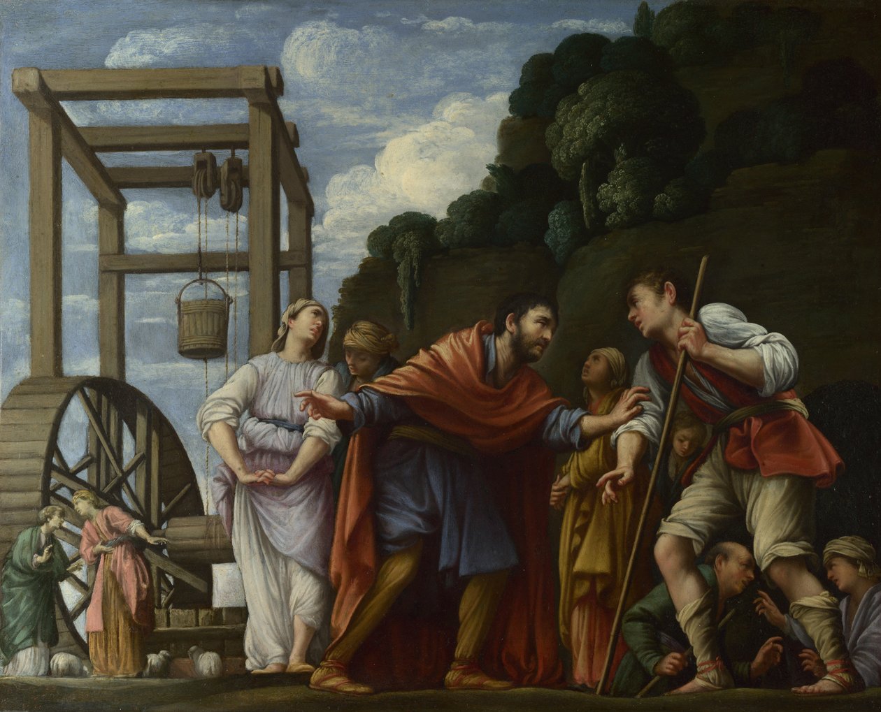 Moses forsvarte Jethros døtre, 1610 av Carlo Saraceni