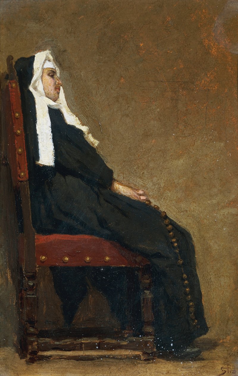 Nonne, av Carlo Stragliati (1869-1925), olje på papp, 30,5x20,5 cm. av Carlo Stragliati