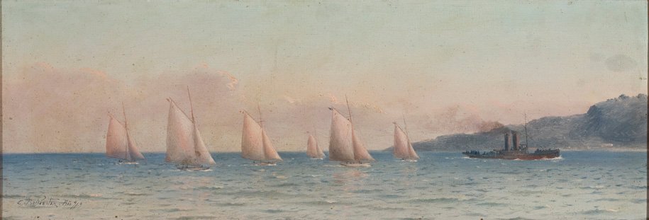 Seascape with Sailing Competition and a Towboatn Portugues: Navy with Sail Regatta and Towboat av Carlos Balliester