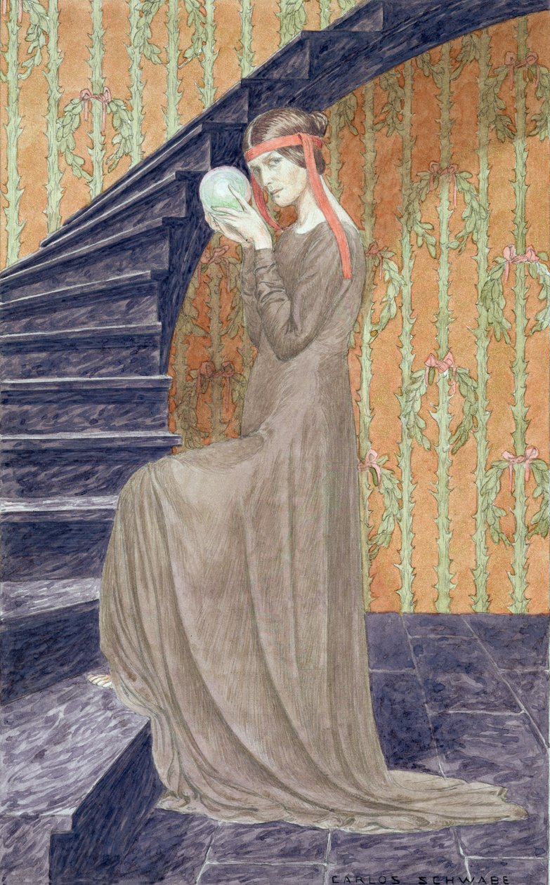 Ung kvinne i kjole i estetisk stil som holder en kule, 1894 av Carlos Schwabe