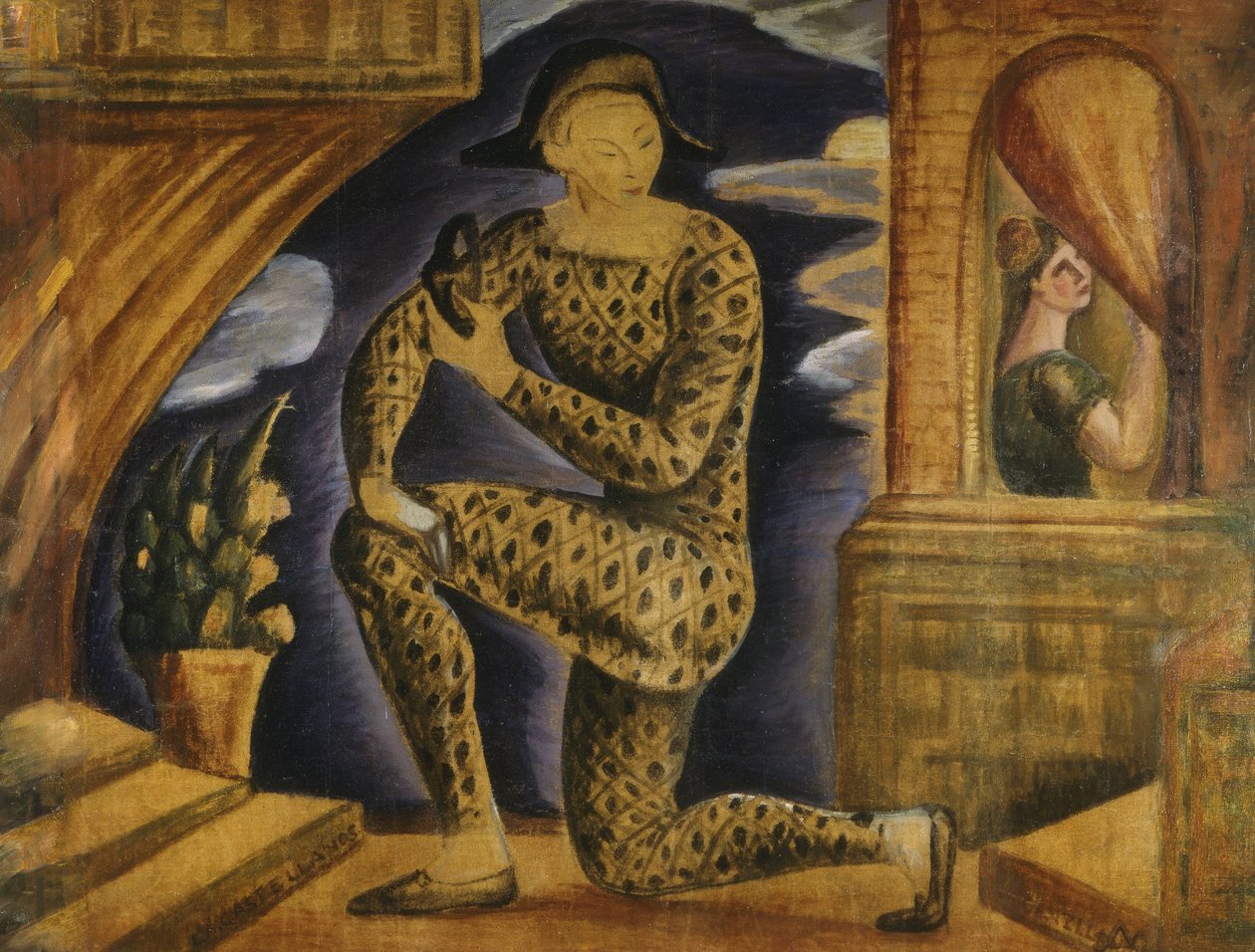 Harlekin og Colombine (olje på lerret) av Carlos Alberto Castellanos