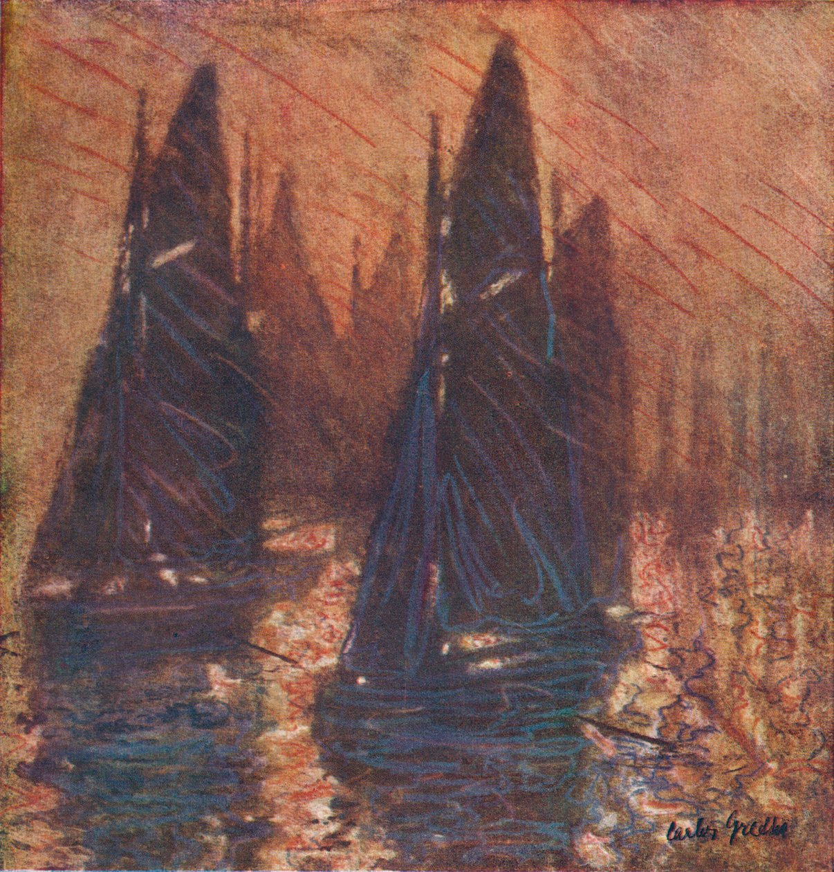 Fiskebåter i tåke, c1913. av Carlos Grethe