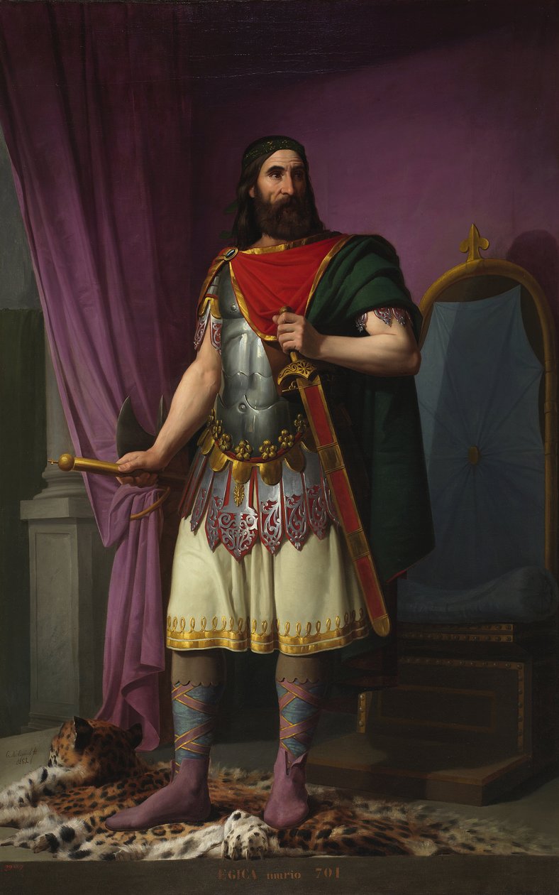Portrett av den Wisigoth-kongen Egica av Spania (eller Egicca, Egiza, Ergica) (687-702) (Wisigothic-kongen Egica) Maleri av Carlos Maria Esquivel y Rivas (1830-1867) 1853 Domstolspalasset Madrid av Carlos Maria Esquivel