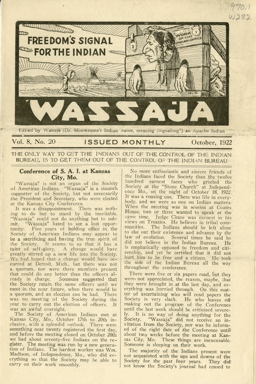 Utgave av Wassaja, bind. 8, nr. 20, oktober 1922 av Carlos Montezuma