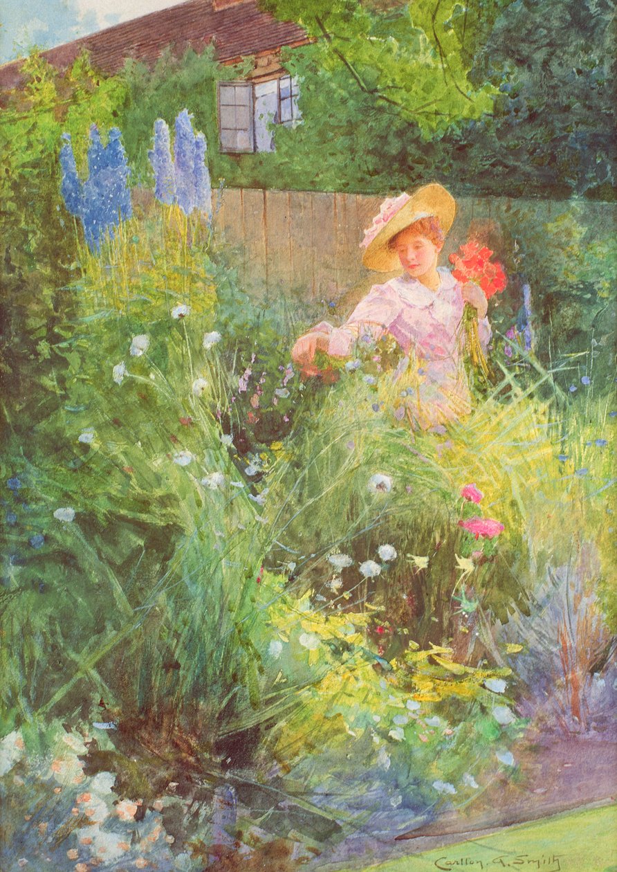Dame plukker blomster i en landhage (akvarell på papir) av Carlton Alfred Smith