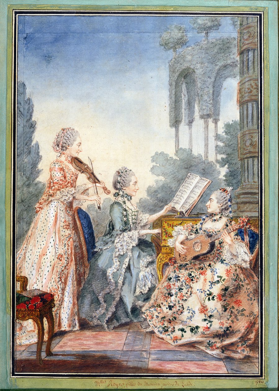 De tre døtrene til komponisten Joseph-Nicolas-Pancrace Royer (ca. 1705-55) spiller musikk fra hans ballett Zaide, ca. 1760 av Louis Carrogis dit Carmontelle