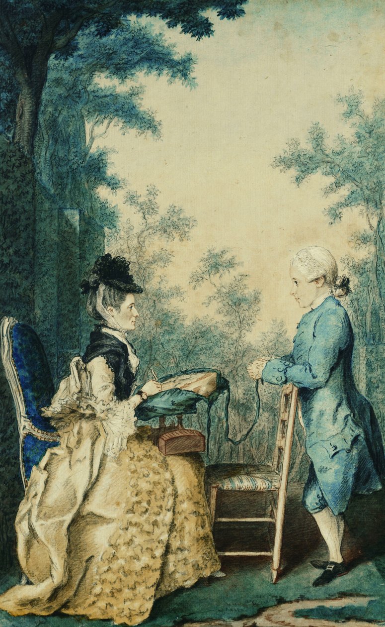 En dame som sitter på en terrasse og broderer på en tambour, med en liten gutt som står foran henne, av Carmontelle