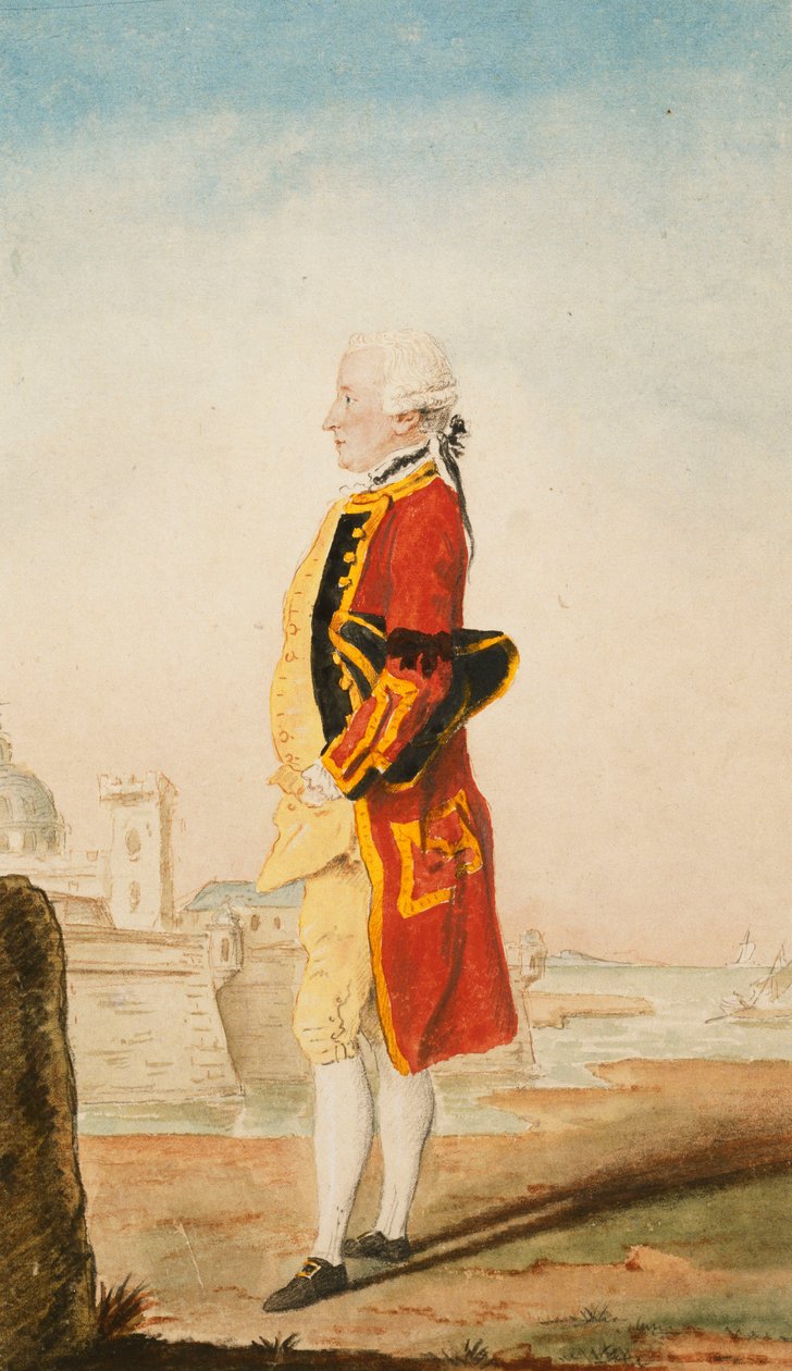 Oberst Morrison muligens i Uniform of the Royal Engineers, en befestet by bak, 1768 av Carmontelle
