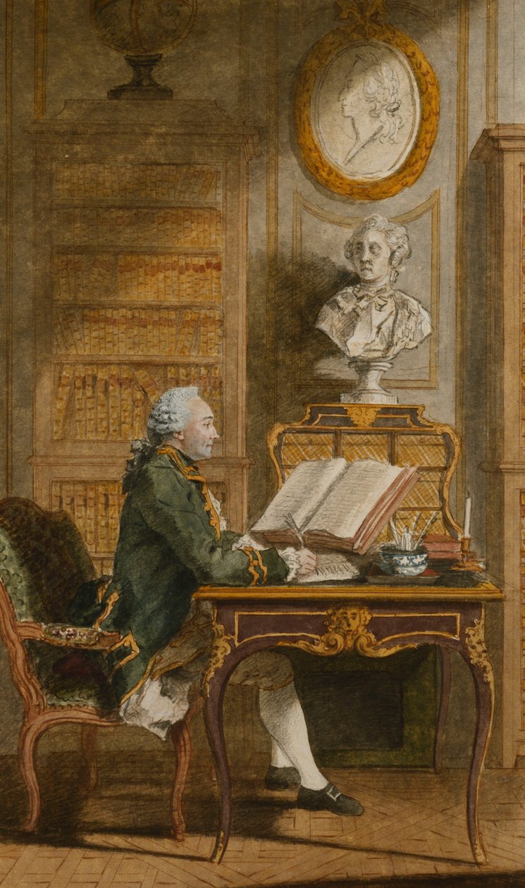 Monsieur de Cormainville i biblioteket hans, skriver ved skrivebordet hans, av Carmontelle