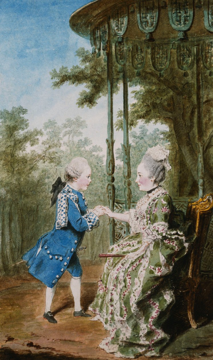 Prinsessen av Salm sitter med sin sønn, prinsen av Salm, ved en kinesisk paviljong, av Carmontelle