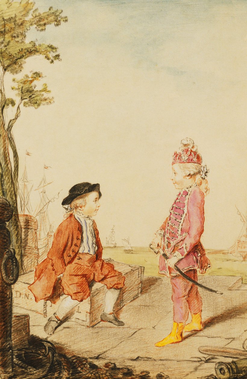 De to ungdommelige de Neuville-brødrene, på en kai, 1767 av Carmontelle