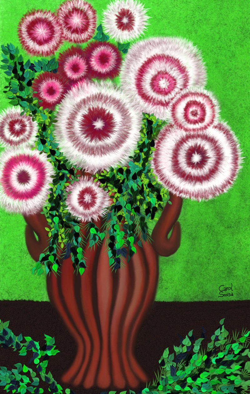 Brun vase med fantasy markblomster av Carol Sousa Cuello