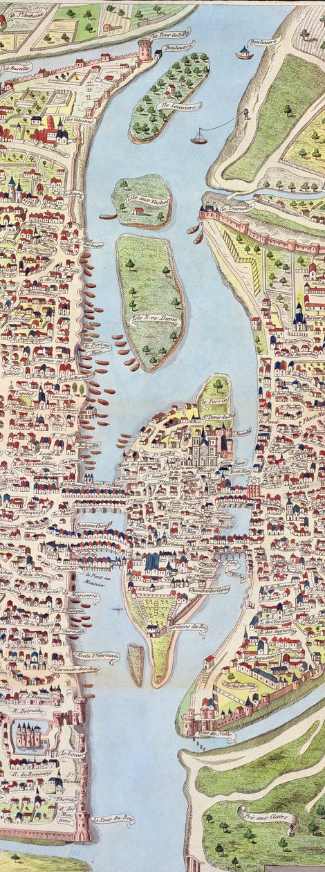Detalj av Ile de la Cité, fra kartet over Paris ca. 1540, kjent som Plan de la Tapisserie, laget som et billedvev ca. 1570, 1818 fargegravering av Caroline Naudet