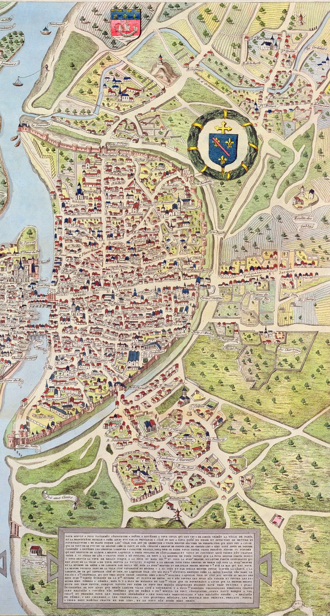 Detalj av venstre bredd, fra kartet over Paris ca. 1540, kjent som Plan de la Tapisserie, laget som et billedvev ca. 1570, 1818 fargegravering av Caroline Naudet