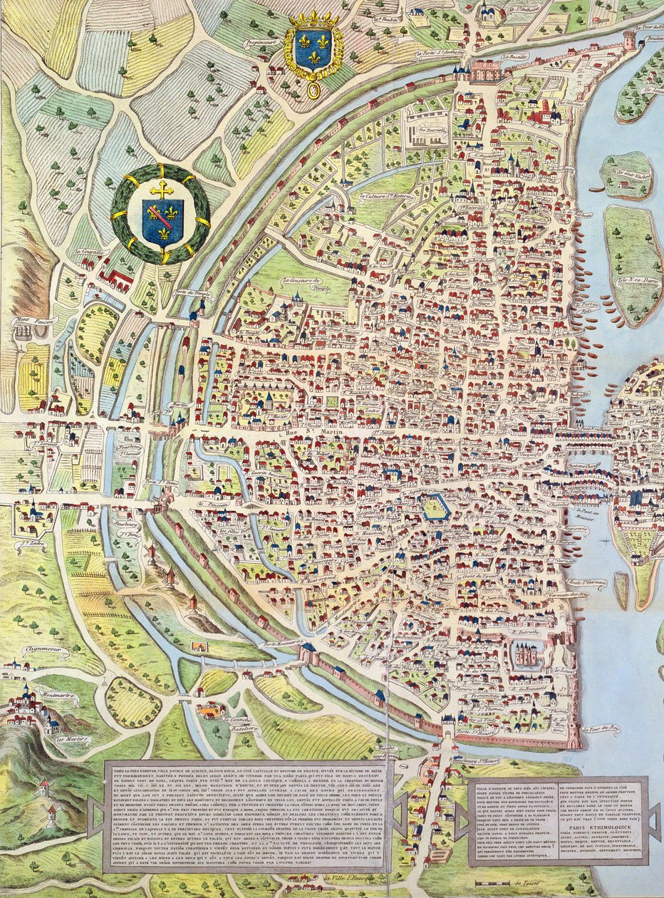 Detalj av høyre bredd, fra kartet over Paris ca. 1540, kjent som Plan de la Tapisserie, laget som et billedvev ca. 1570, 1818 fargegravering av Caroline Naudet