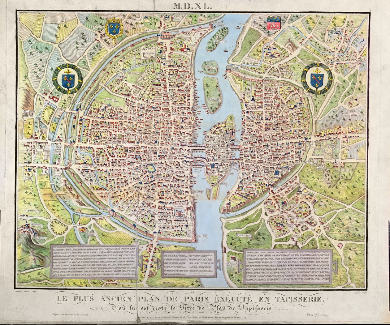 Kart over Paris ca. 1540, kjent som Plan de la Tapisserie, laget som et billedvev ca. 1571, 1818 (fargegravering) av Caroline Naudet