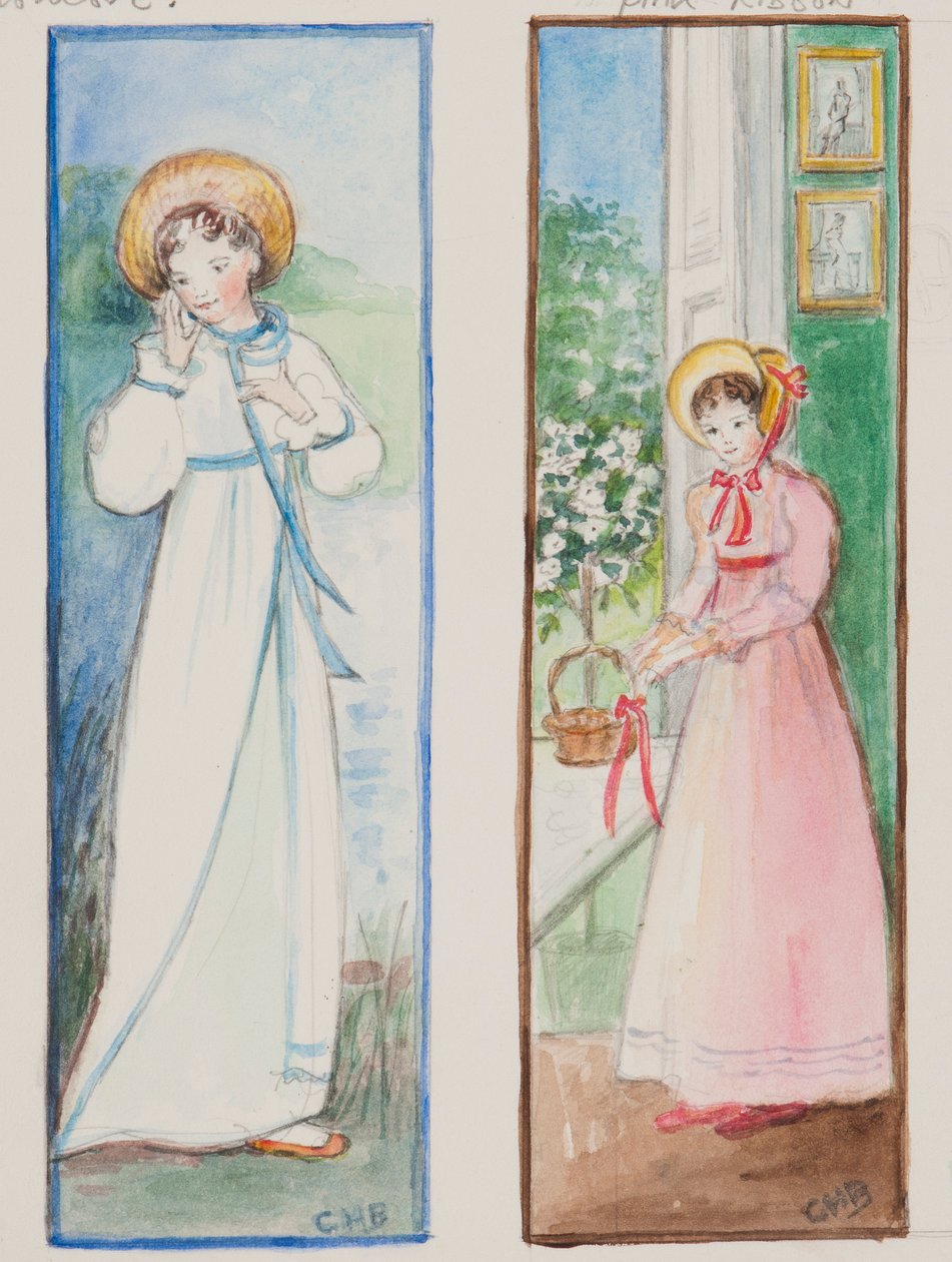 Elizabeth Bennet og Emma Woodhouse, 2011 (wc på papir) av Caroline Hervey Bathurst