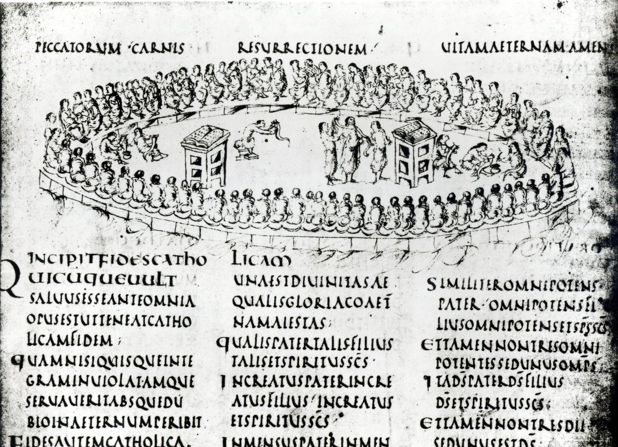 Illustrasjon av en scene fra en av salmene, fra Utrecht Psalter, kopi av originalen fra Reims nå i Utrecht University Library (penn og blekk) av Carolingian School