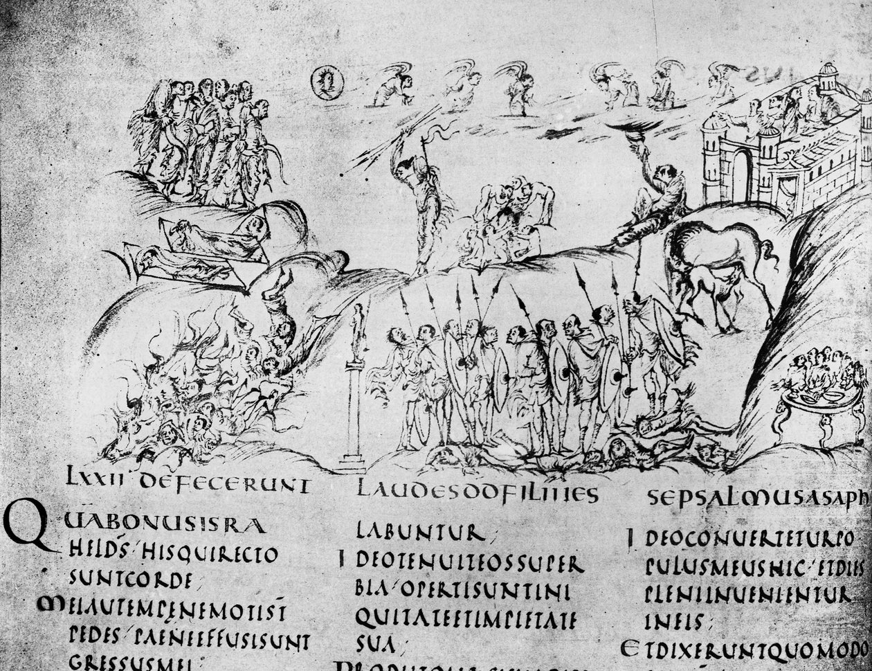 Illustrasjon av forskjellige scener fra en av salmene, fra Utrecht Psalter, kopi av originalen fra Reims nå i Utrecht University Library (penn og blekk) av Carolingian School