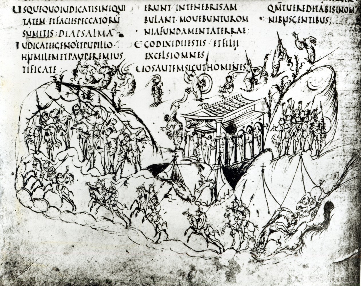 Ulike scener som illustrerer en salme, fra Utrecht Psalter, kopi av originalen fra Reims nå i Utrecht University Library (penn og blekk) av Carolingian School